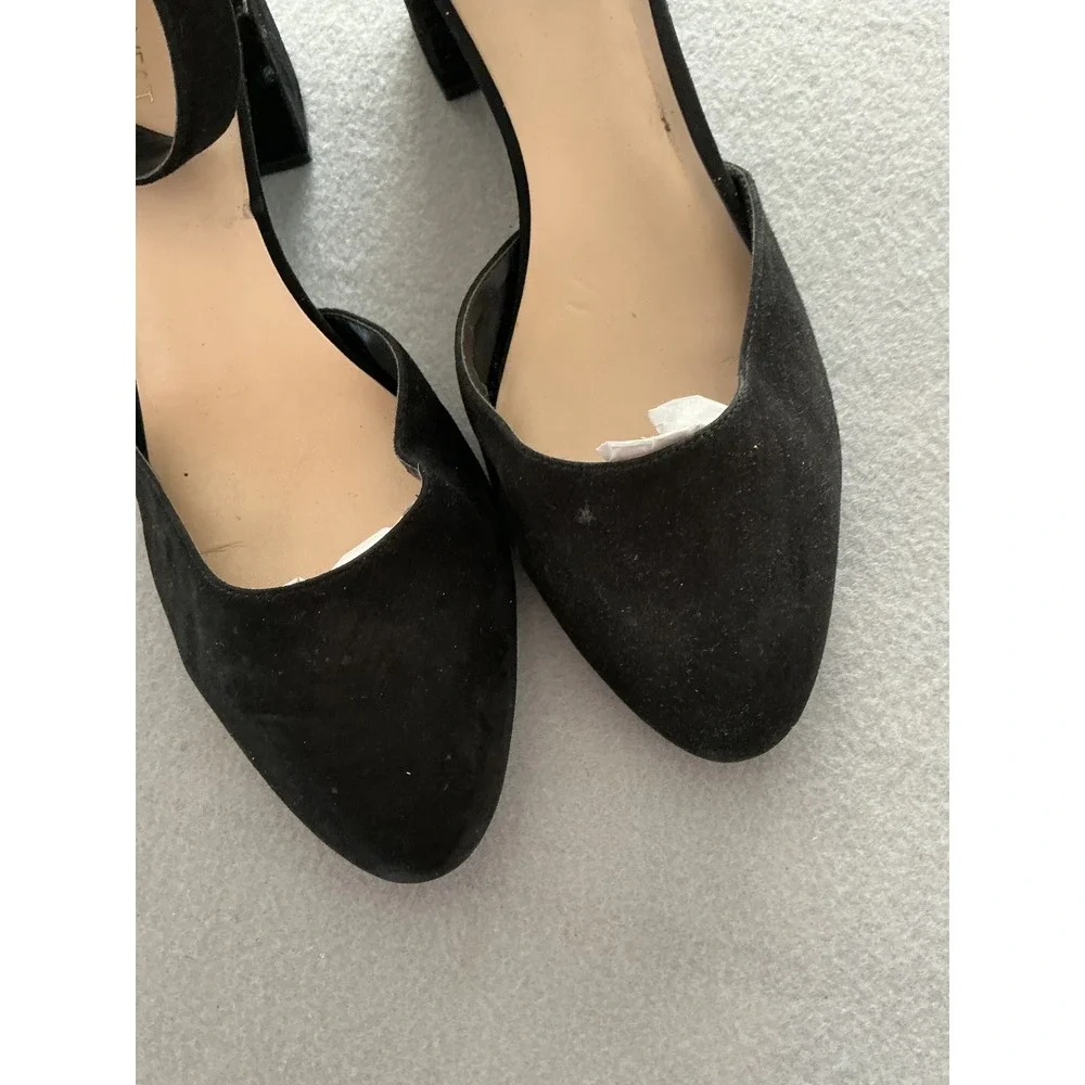 Nine West Block Heel Pumps Size 10M Black Suede Ankle Strap Metallic Trim